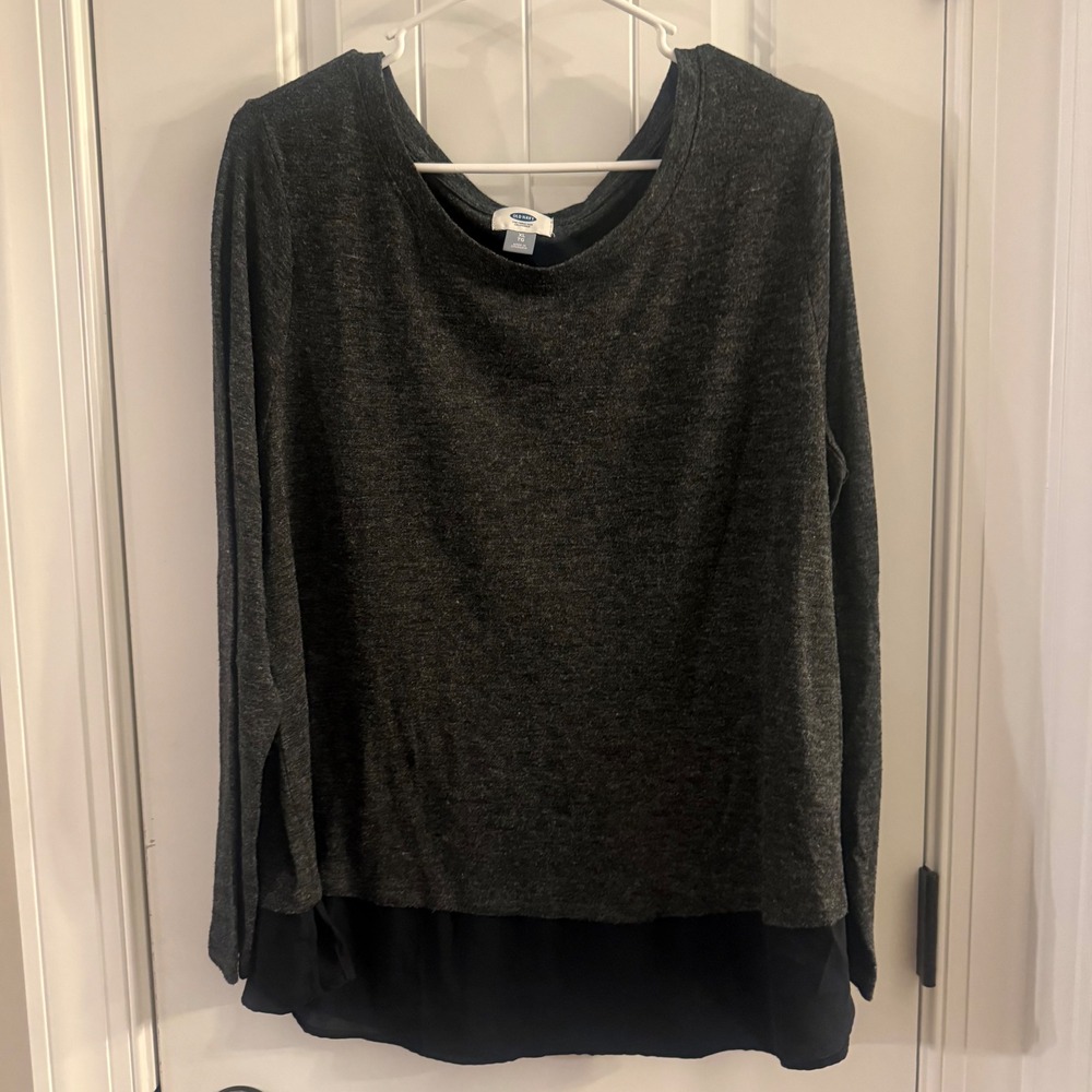 Old Navy Womens XL Gray Marl Long Sleeve Top Black Chiffon Hem Mixed Media